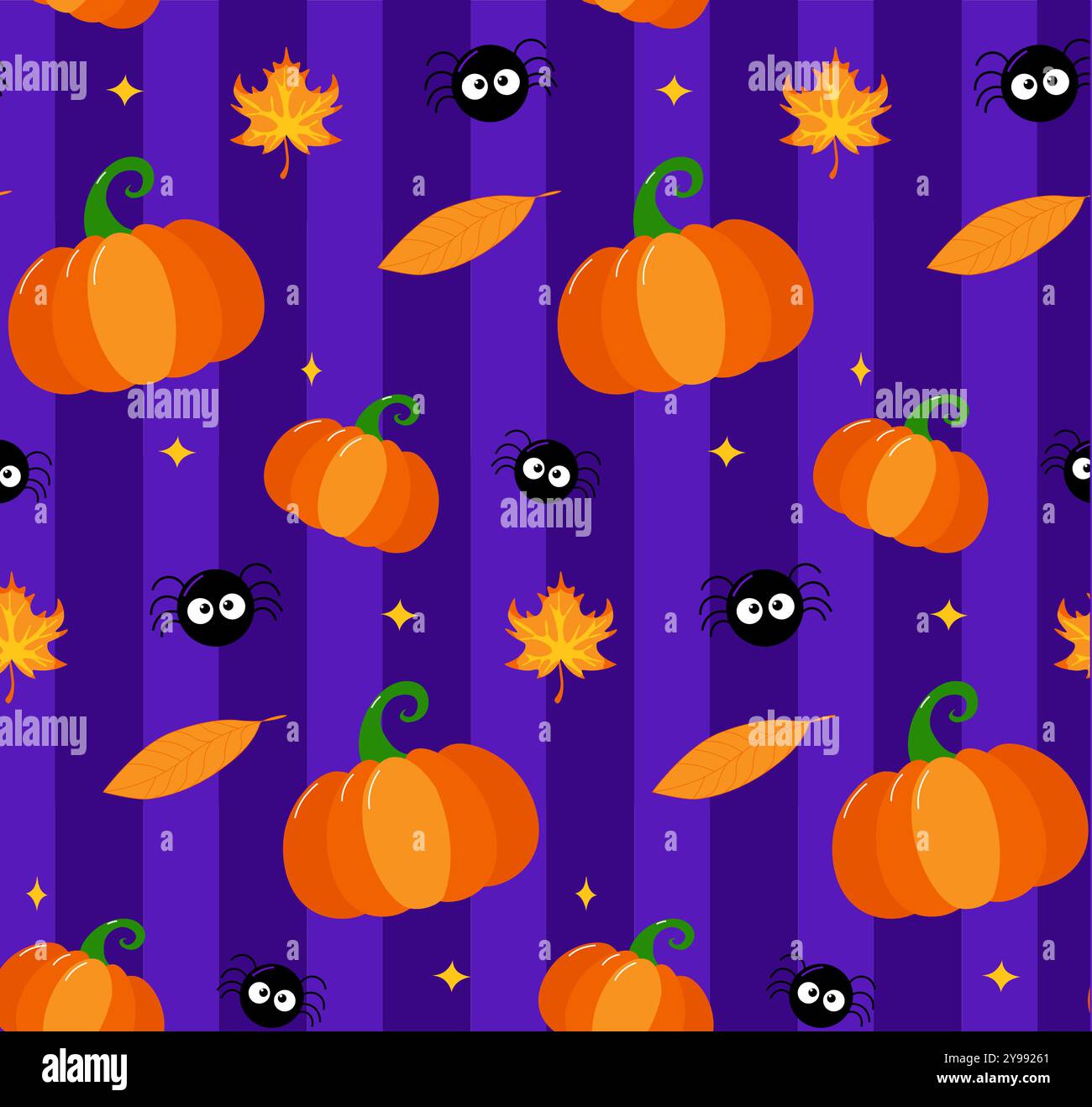Vector Halloween seamless pattern with pumpkin, leaves, spider on colored background. Cute holiday repeated texture. Childish hand drawn background wi Stock Vector