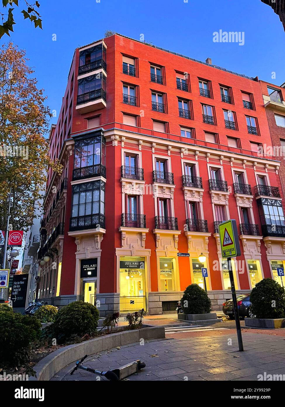 Facade of house, night view. Don Ramon de la Cruz street, Madrid, Spain. - Smartphone Captured Stock Image
