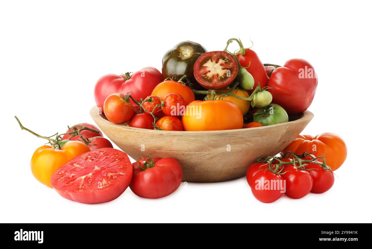 Different ripe tomatoes in bowl isolated on white Stock Photo - Alamy