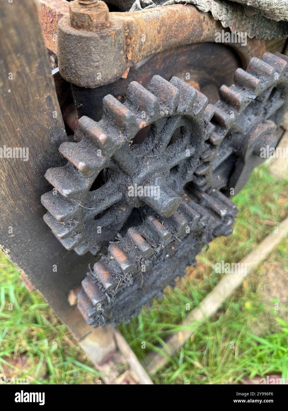 Transmission mechanism of a manual animal feed grinder. Gears of an old ...