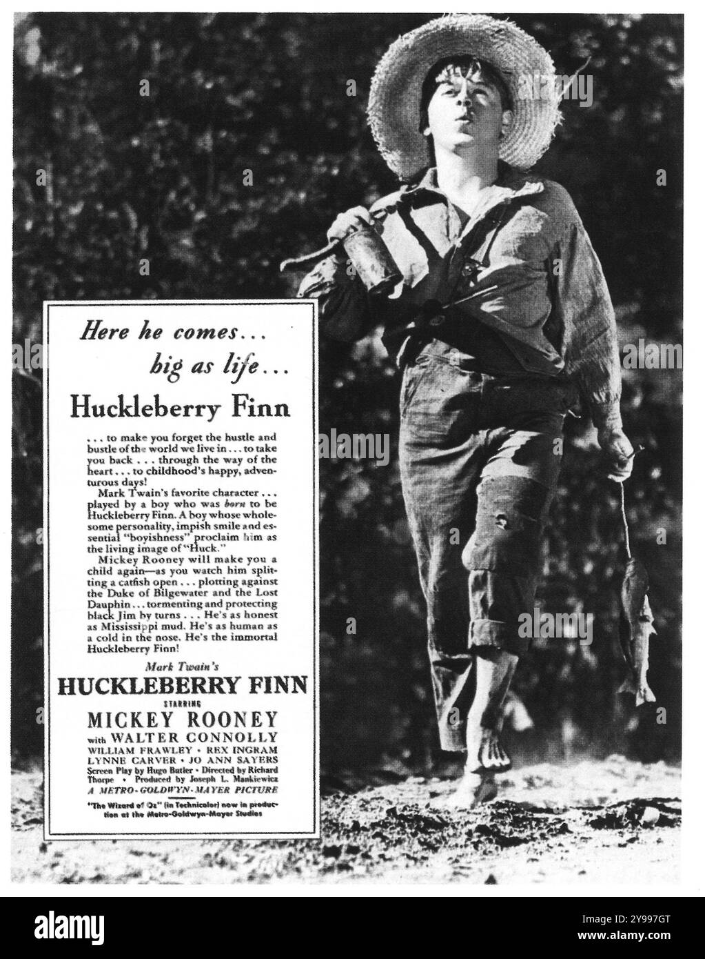 1939 The Adventures of Huckleberry Finn film poster.  MGM adaptation of Mark Twain's 1884 novel, starring Mickey Rooney Stock Photo