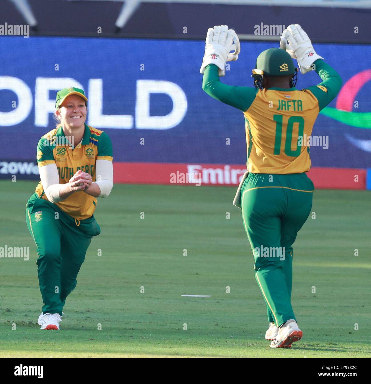 Dubai, UAE. 9th Oct, 2024. NONKULULEKO MLABA of South Africa celebrates after dismissing Lorna Katherine Fraser of Scotland during Match No 11 of Group B of ICC Women's T20 Cricket World Cup between South Africa and Scotland at Dubai International Cricket Stadium. (Credit Image: © Avijit Das/ZUMA Press Wire) EDITORIAL USAGE ONLY! Not for Commercial USAGE! Stock Photo