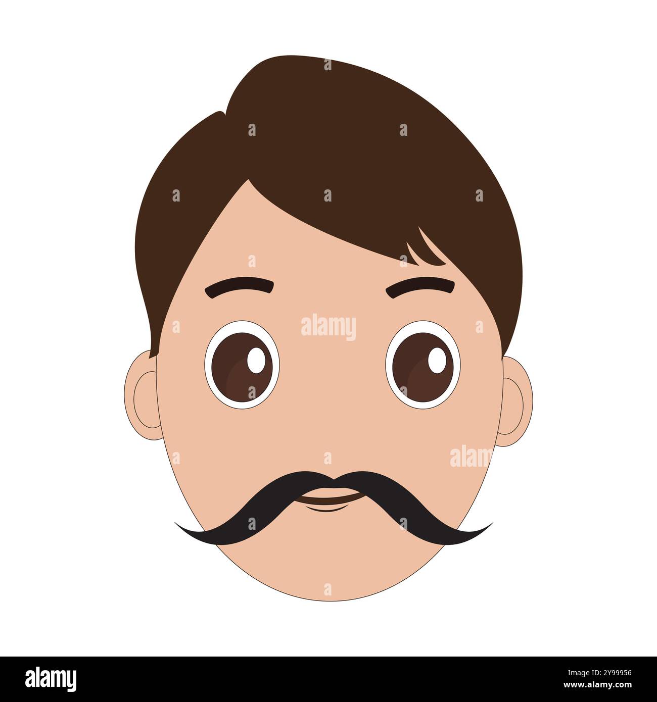 Illustration of a cartoon man is face with mustache and big eyes, brown hair and a thick black mustache. Minimalist design for avatars, stickers Stock Vector