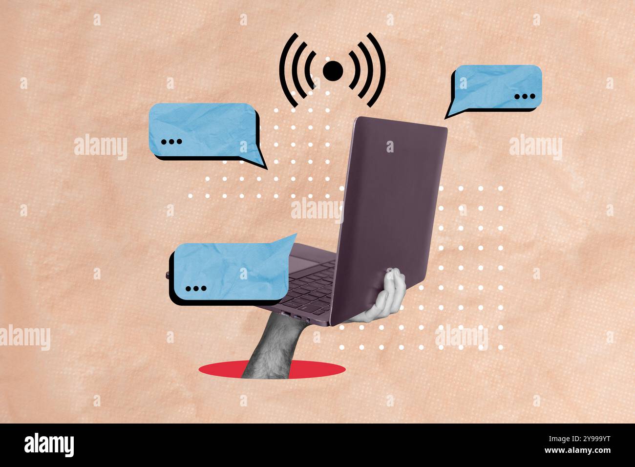 Contemporary art collage of hand holding laptop computer with wifi ...