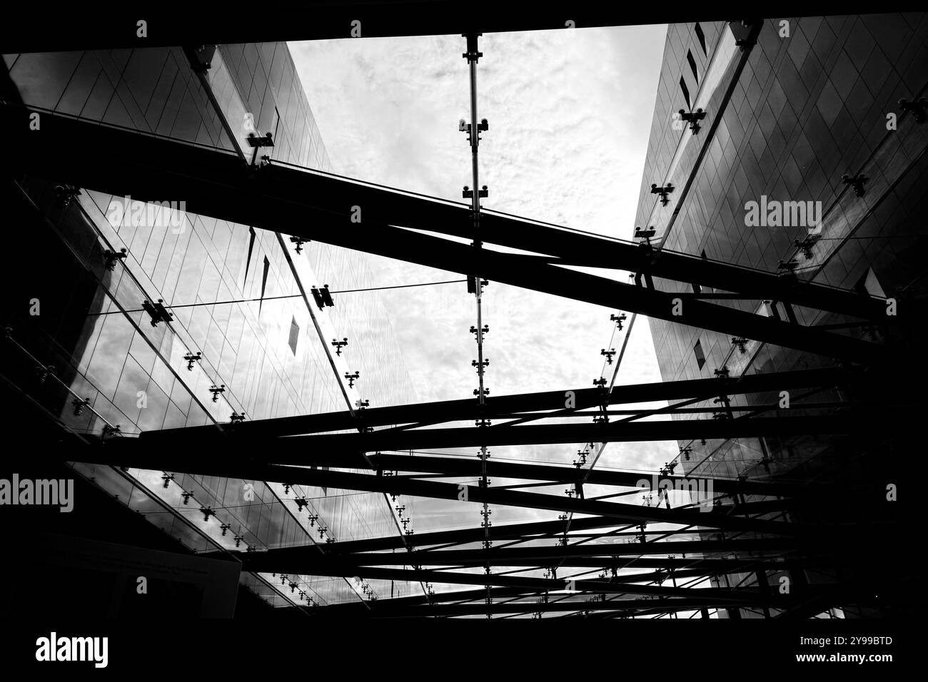 Looking up at glass roof of Discover building on Liverpool river front, UK - Smartphone Captured Stock Image