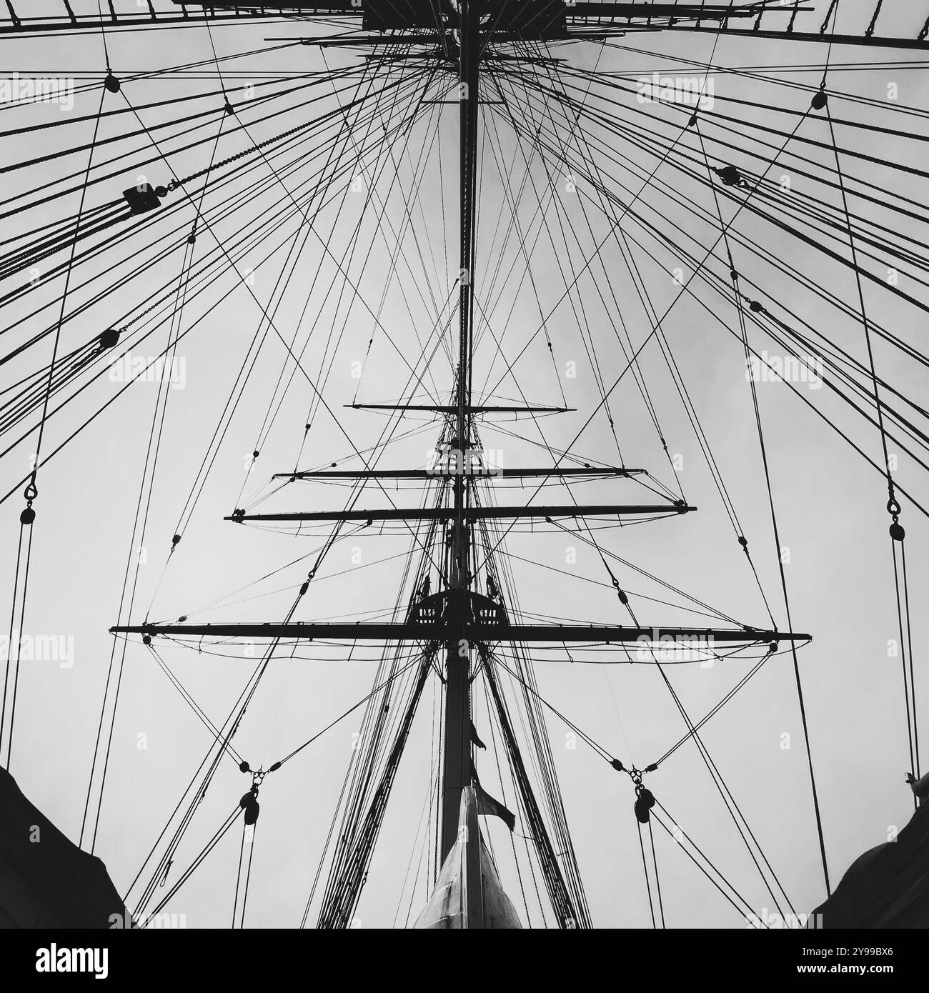 Looking up at the masts and rigging of the Cutty Sark in Greenwich, London UK - Smartphone Captured Stock Image