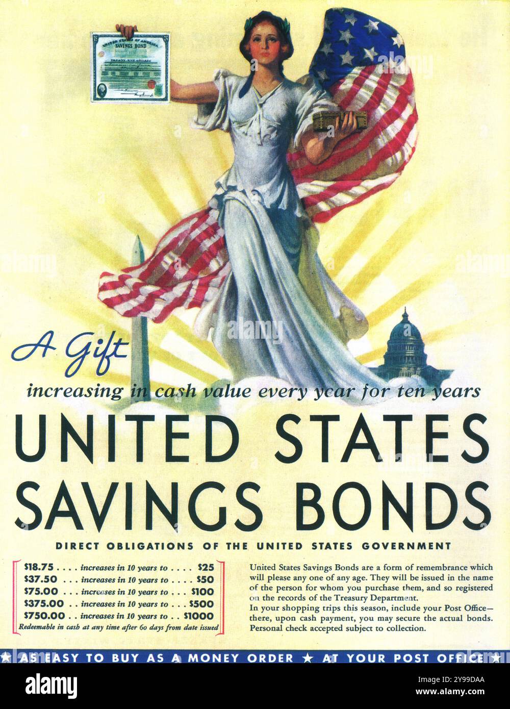 1937 United States Savings Bonds Ad - "Systematic Savings...Direct obligations of the United States Government..." Stock Photo