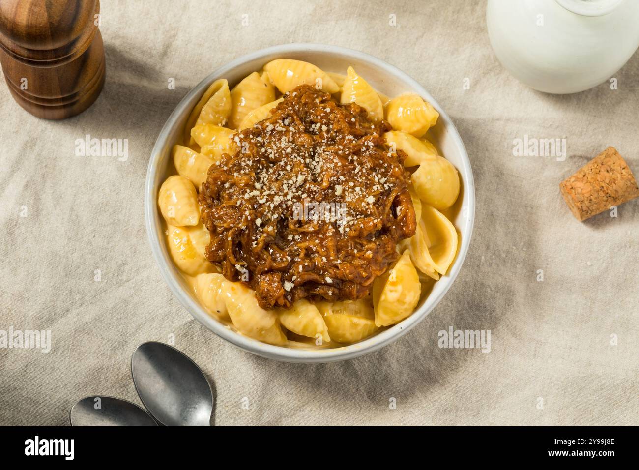 Homemade BBQ Pulled Pork Macaroni and Cheese Ready to Eat Stock Photo