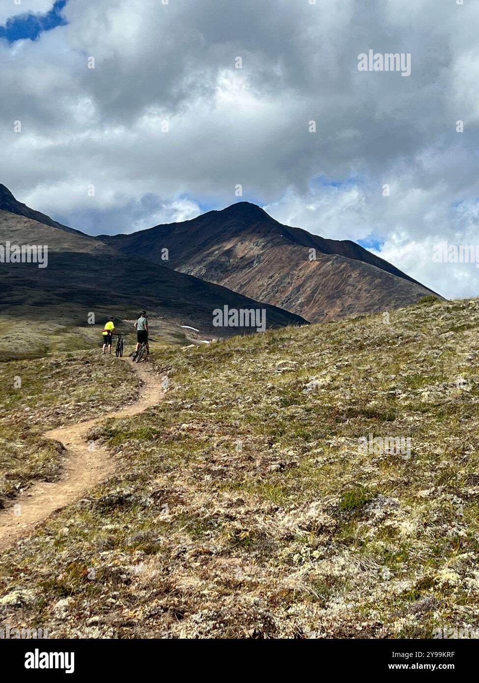 Mountain bikers on the Round the Mountain trail, Hudson Bay Mountain, BC, navigating rugged alpine landscape with dramatic peaks under cloudy skies - Smartphone Captured Stock Image