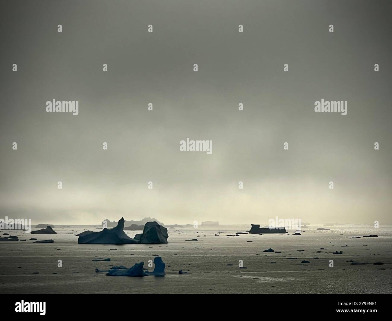 Dramatic Icebergs Under Moody Skies in Remote Antarctic Waters - Smartphone Captured Stock Image
