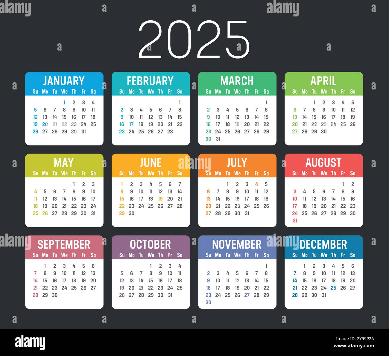 Colorful USA calendar set, year 2025 planner, dark background english language Stock Vector