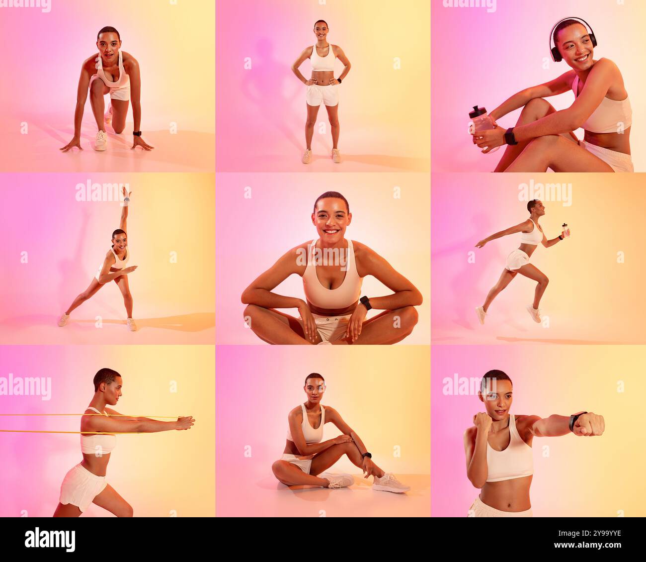 Fitness enthusiast performing various exercises in a colorful studio ...