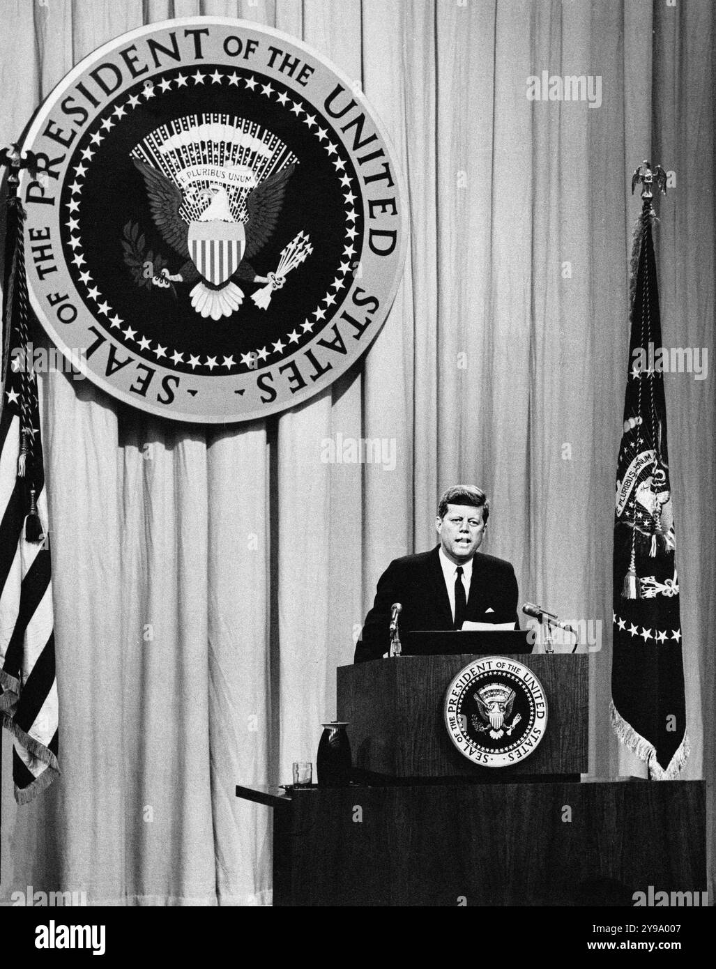 U.S. President John F. Kennedy at lectern during press conference, U.S. State Department Auditorium, Washington, D.C., USA, Abbie Rowe, White House Photographs, October 11, 1961 Stock Photo