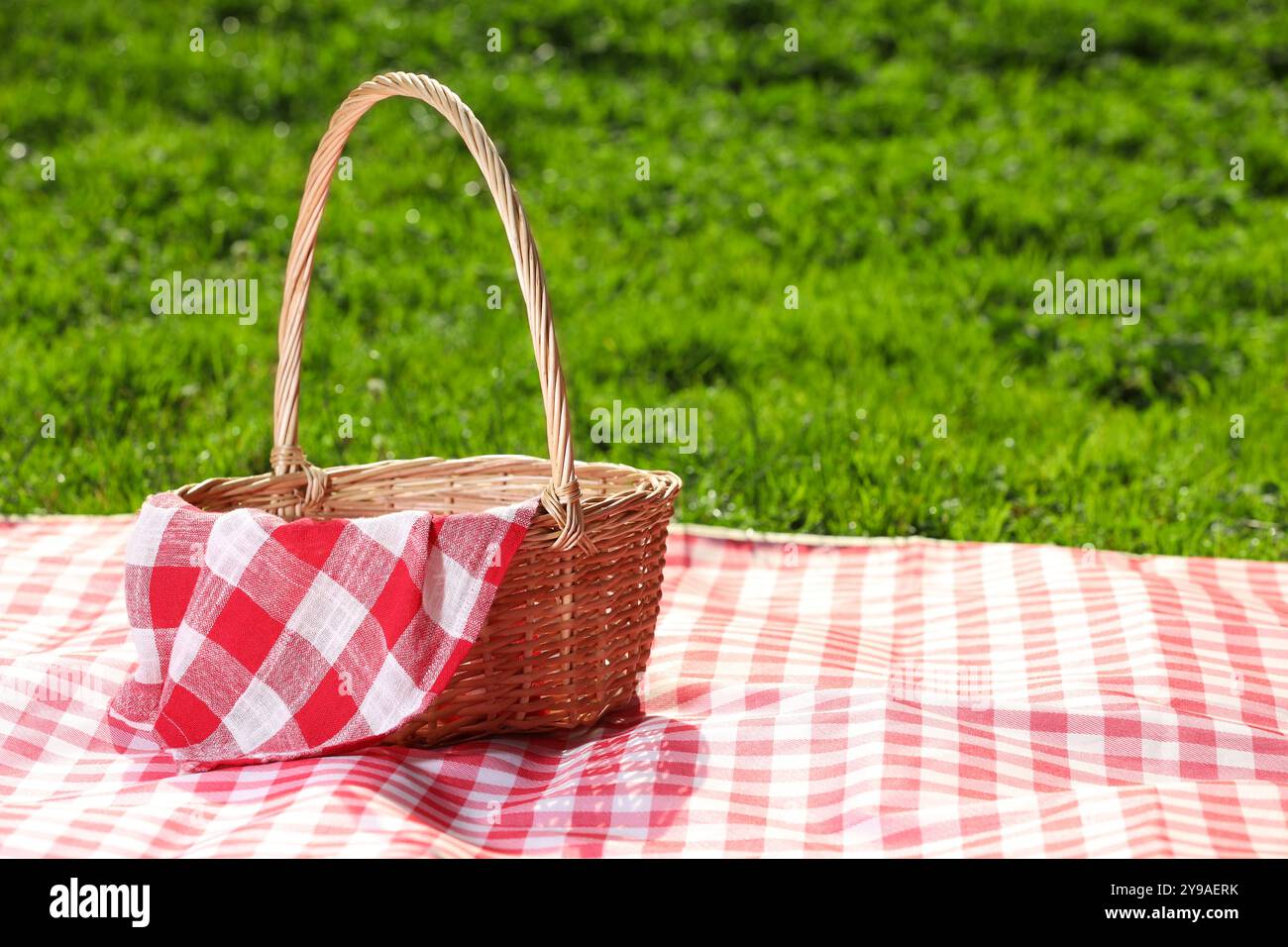 One picnic wicker basket with checkered napkin and blanket on green ...