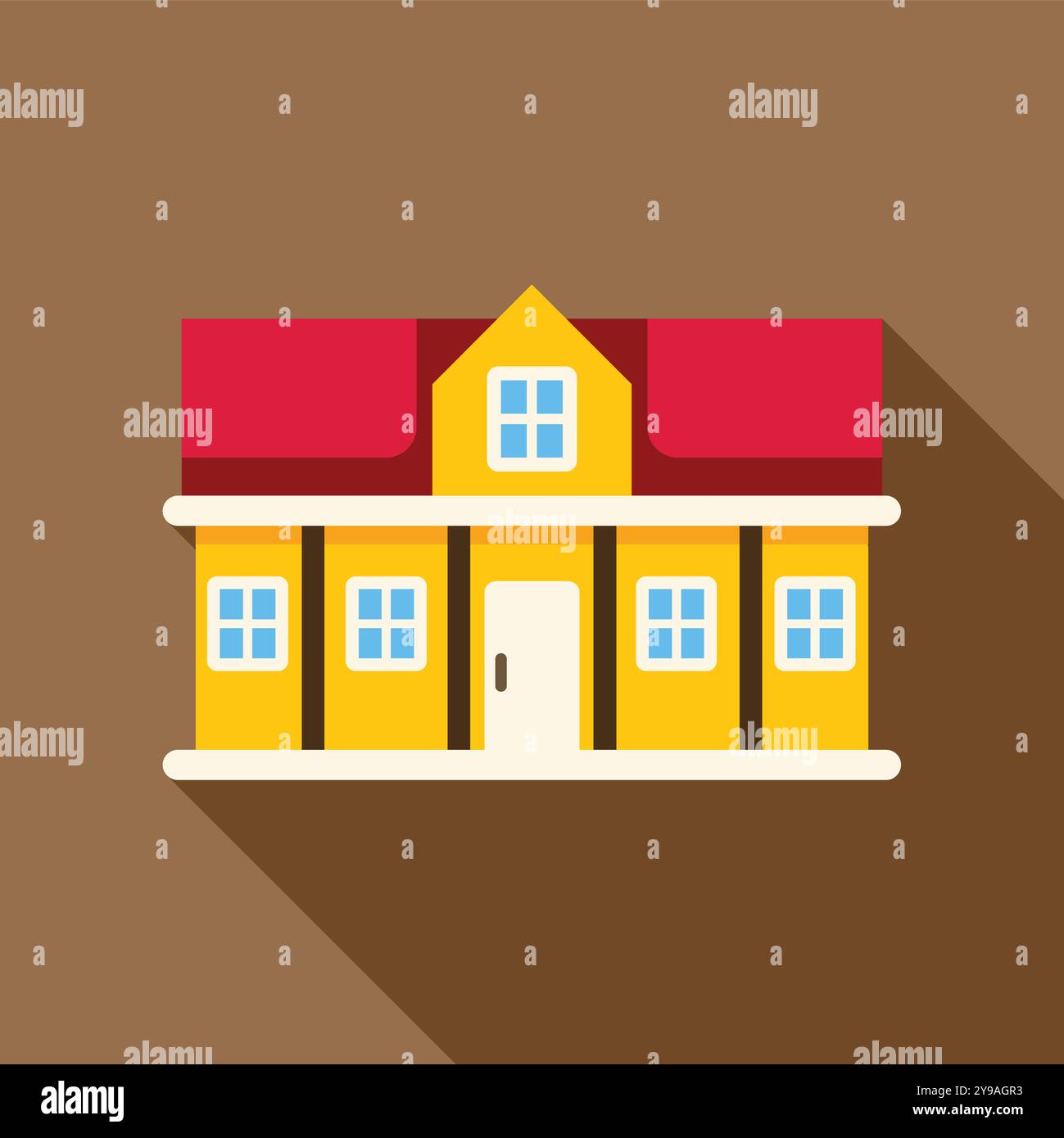 Two storey house with columns and red roof flat icon with long shadow ...