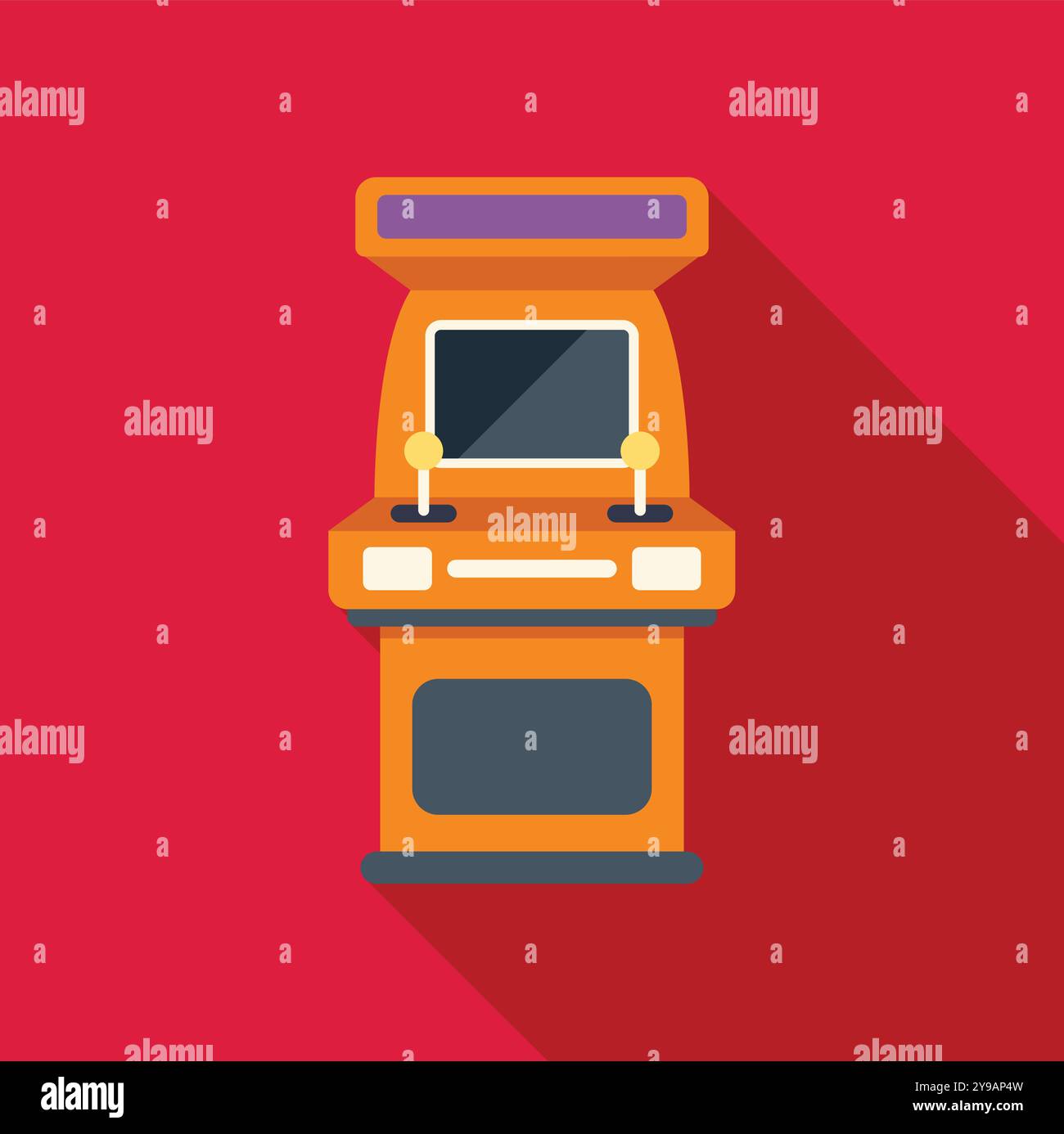 Orange arcade game console with joysticks and screen standing on red background Stock Vector