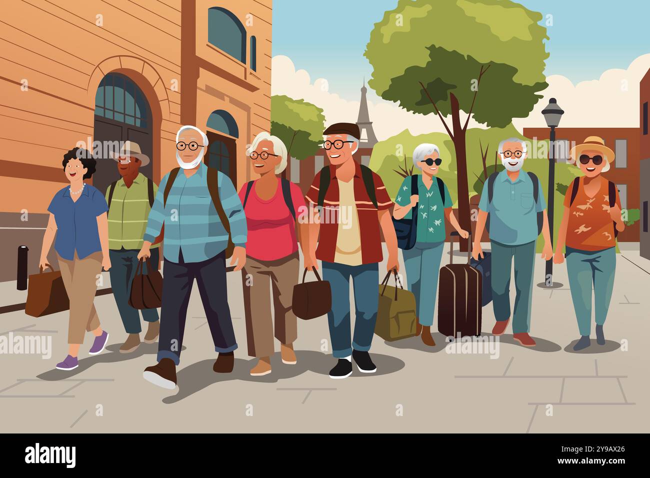 A vector illustration of Senior People Group Traveling Together Stock Vector