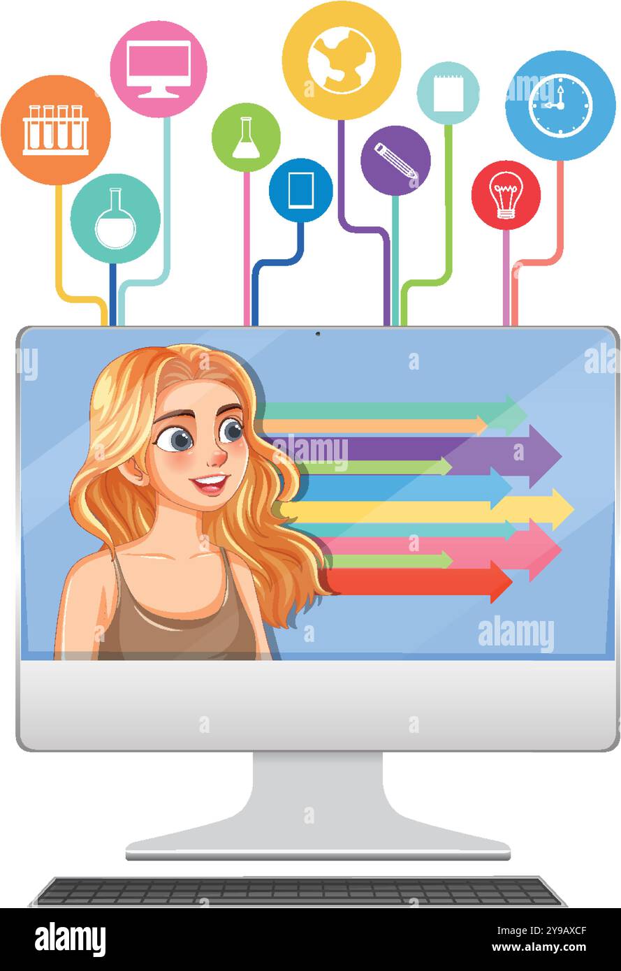 Woman learning online with various educational icons Stock Vector Image ...