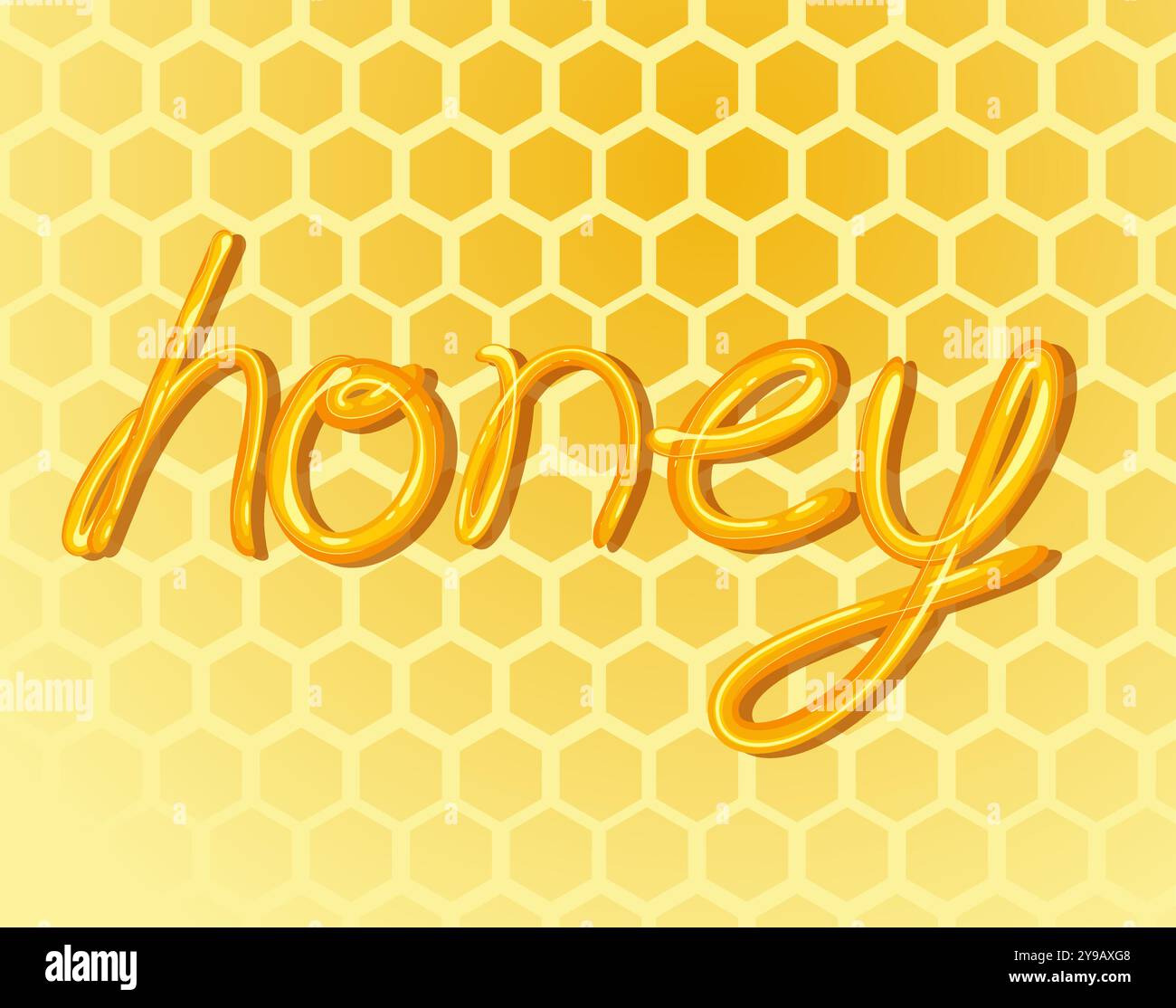 Golden honey text on hexagonal honeycomb background Stock Vector