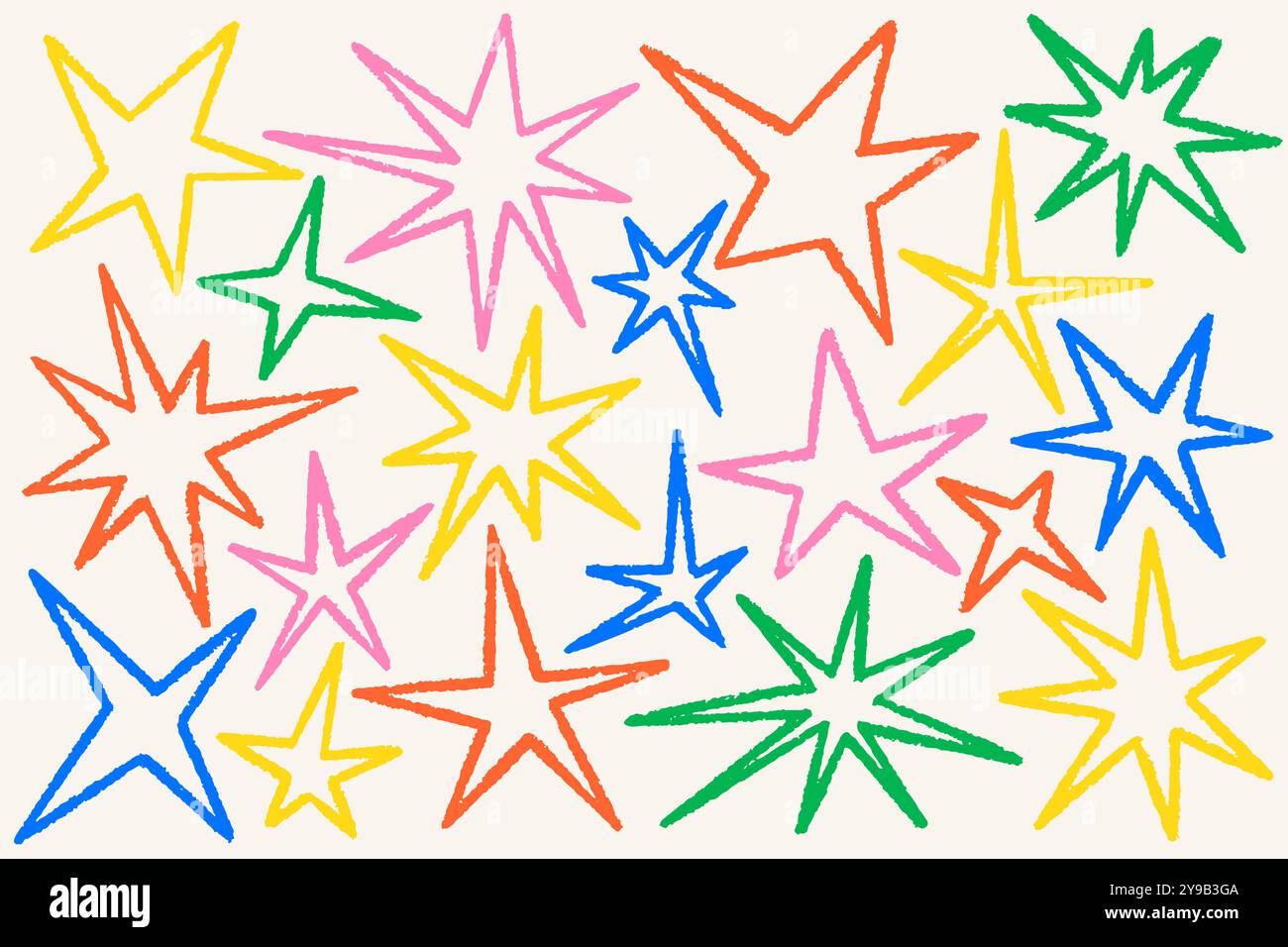 Random star shapes. Abstract hand drawn crayon irregular elements. Cartoon outline burst. Vector paper cut spiky geometric figures. Stock Vector