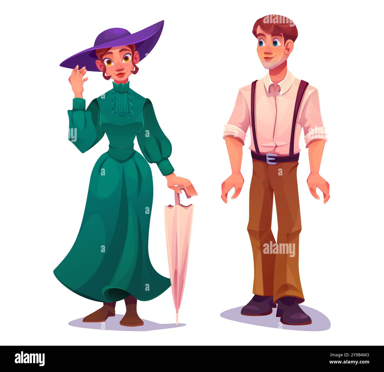 Cartoon young man and woman in Victorian times fashion clothing. Vector set of male person in shirt and pants with suspenders and lady in long dress and hat. Characters in vintage renaissance clothes. Stock Vector