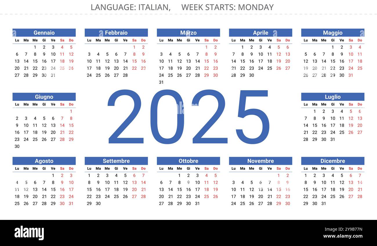 2025 year calendar. Italian language. Number in center. Printable