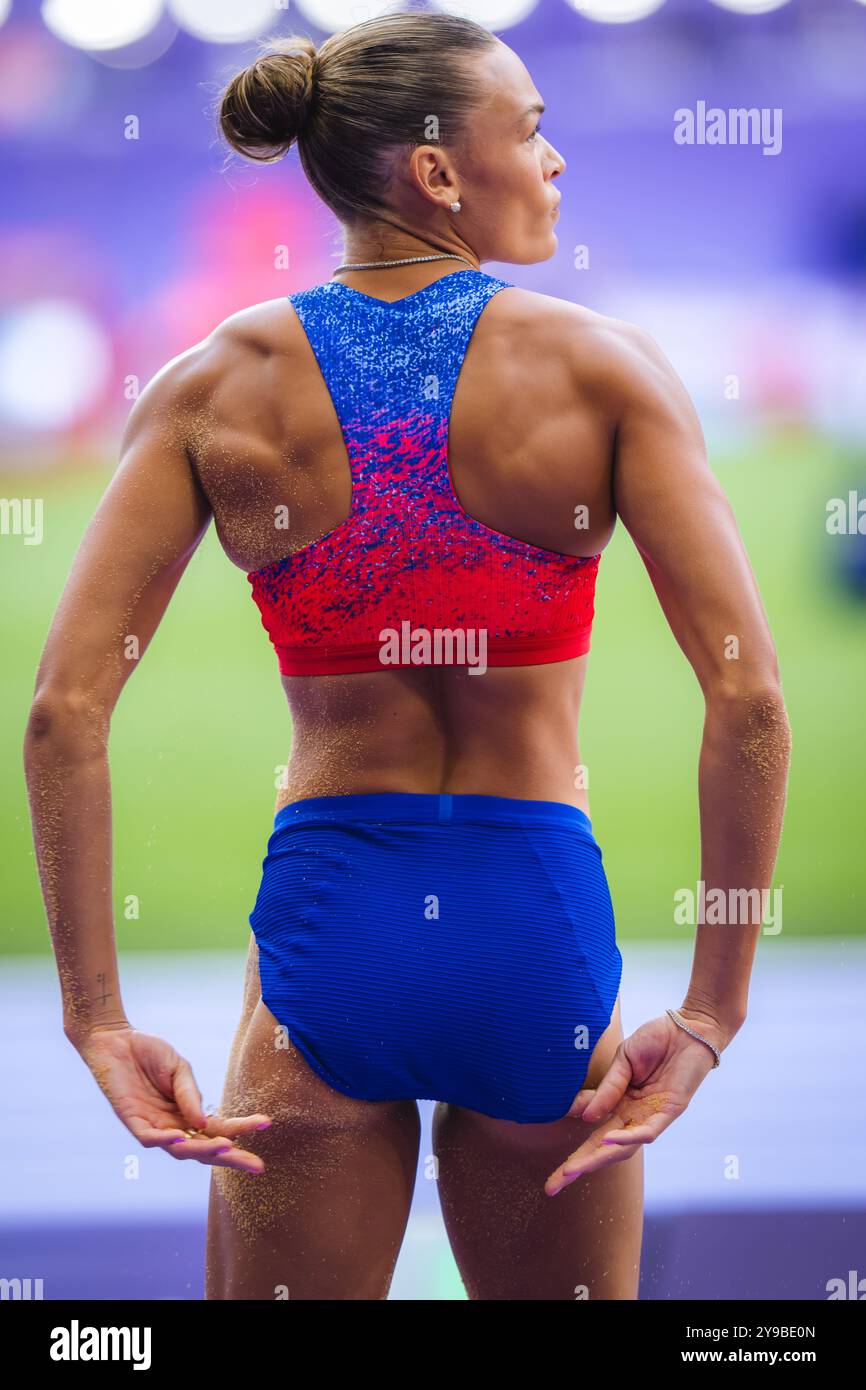 Anna Hall participating in the long jump at the Paris 2024 Olympic ...