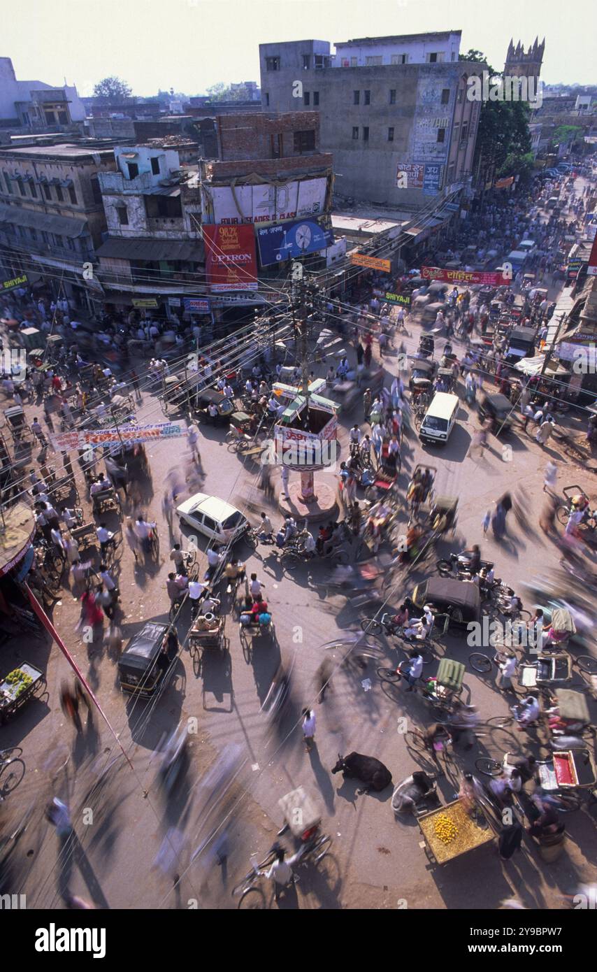 Chaotic road junction, Varnasi, India. Stock Photo