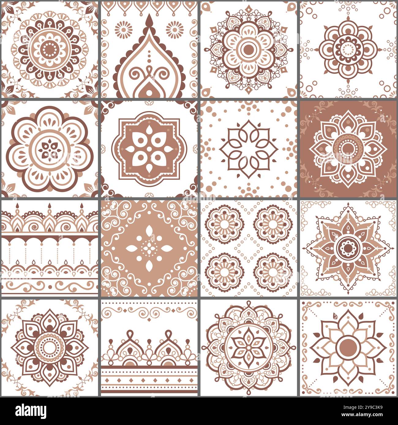 Boho style Indian tiles seamless vector pattern with flowers and decorative swirls. Stock Vector