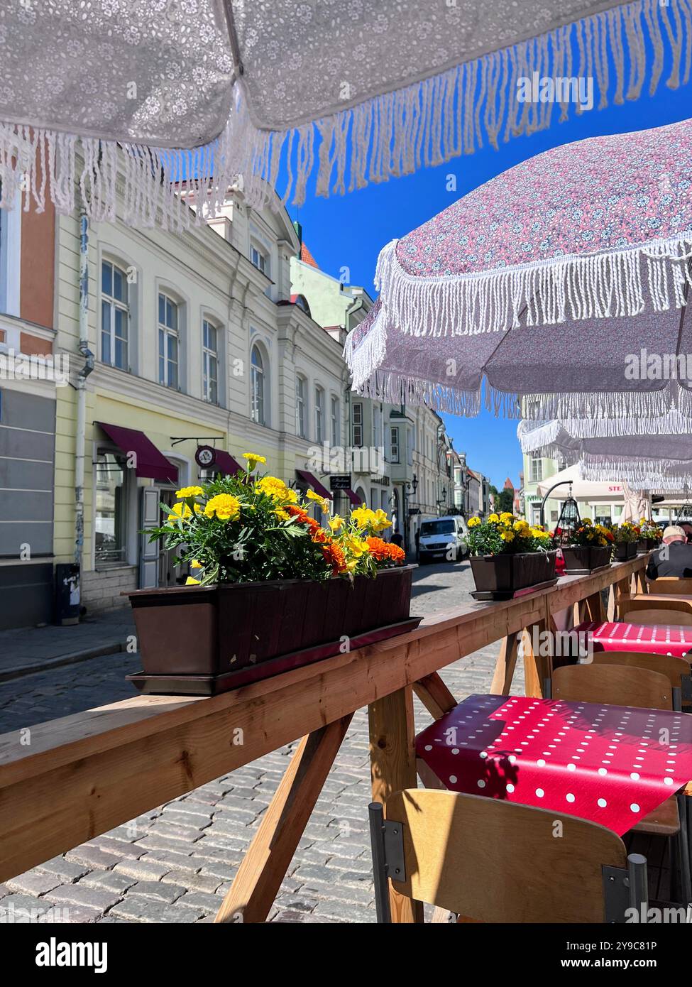 Colorful parasols umbrellas and bright flowers create a cozy outdoor street café atmosphere in the charming old town of Tallinn - Smartphone Captured Stock Image