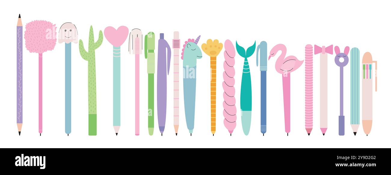 Pencils and pens vector stationery set Stock Vector