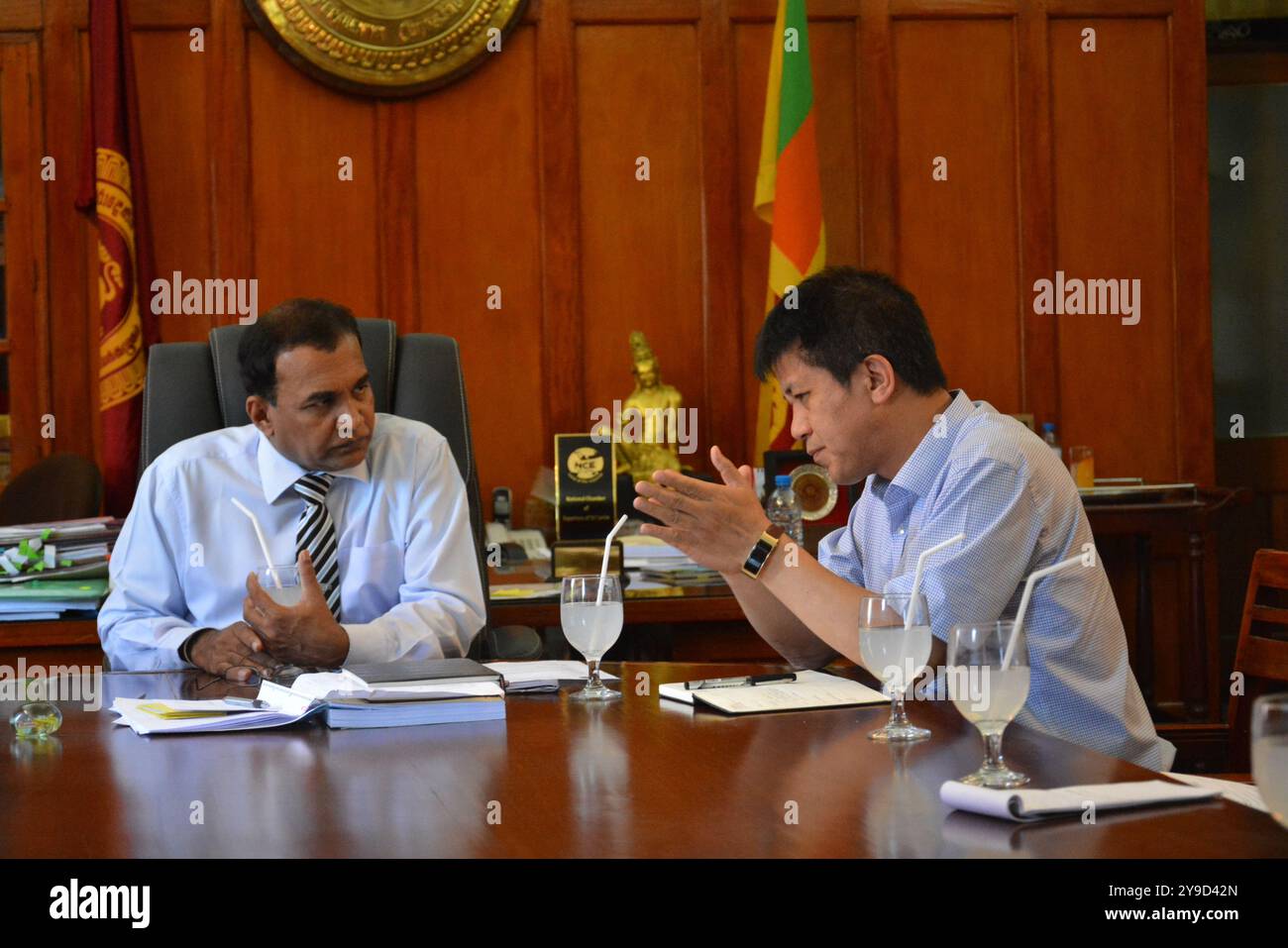 Nildiya. 10th Oct, 2024. This file photo taken on March 22, 2017 shows Wei Yuansong (R), director of the Laboratory of Water Pollution Control Technology at the Chinese Academy of Sciences, visiting Upul B. Dissanayake, then vice chancellor of University of Peradeniya, in Kandy, Sri Lanka. TO GO WITH 'Feature: Chinese scientist's 31 trips in quest for Sri Lankans' safe water' Credit: Xinhua/Alamy Live News Stock Photo