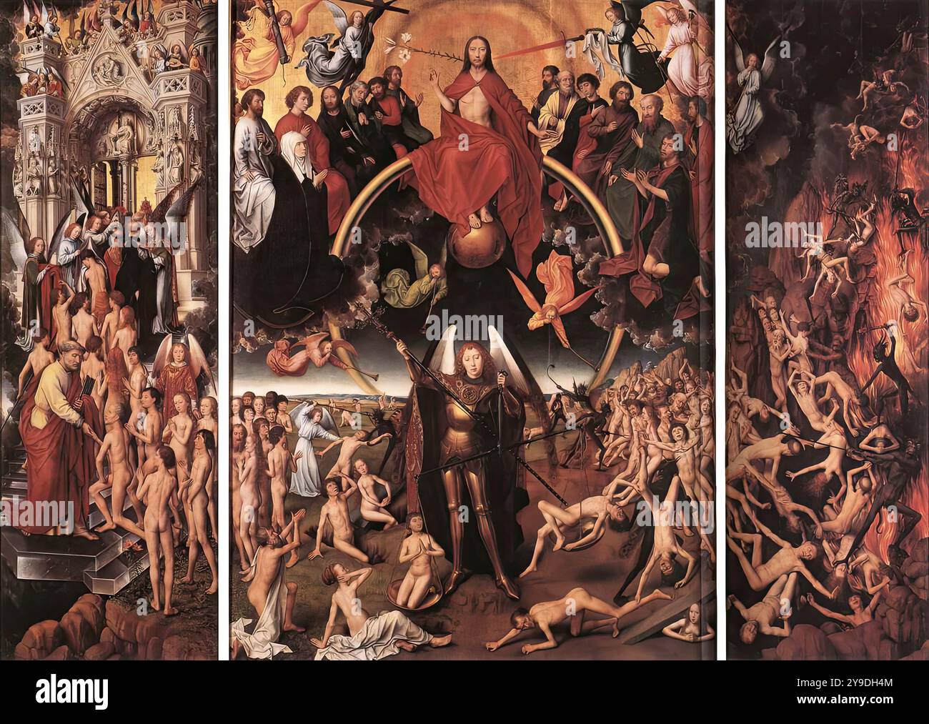 MEMLING, Hans (b. ca. 1440, Seligenstadt, d. 1494, Bruges)    Last Judgment Triptych (open)  1467-71  Oil on wood, 221 x 161 cm (central), 223,5 x 72,5 cm (each wing)  Muzeum Narodowe, Gdansk    Although known to be an early work, this triptych is Memling's most monumental composition and one of his plastically most accomplished. A perfectly symmetrical, semi-circular line of bodies runs through the continuous space of all three panels, with the calm upward movement of the Reception of the Righteous into Heaven balanced by the turbulent Casting of the Damned into Hell on the opposite side. Stock Photo