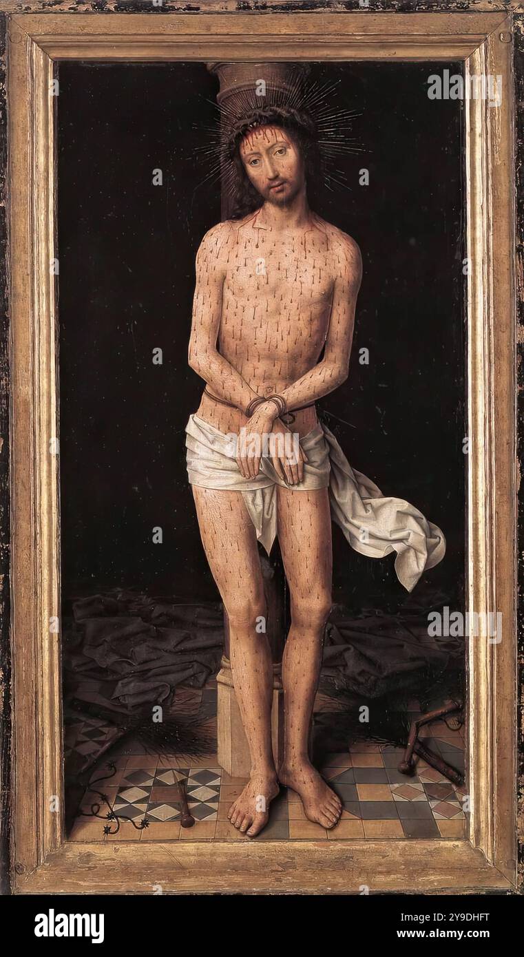 MEMLING, Hans (b. ca. 1440, Seligenstadt, d. 1494, Bruges)    Christ at the Column  1485-90  Oil on oak panel, 58,8 x 34,3 cm (with original frame)  Colección Mateu, Barcelona    Christ stands before the whipping-post, his hands crossed in front of him and tied with a cord that also passes around his waist. It is not clear whether this also binds him to the post. A rod made of twigs and a scourge with a broken handle lie on the tiled floor on both the left and right, where they have been left behind symmetrically and in a cross shape by his tormentors. Another rod has been thrown carelessly to Stock Photo