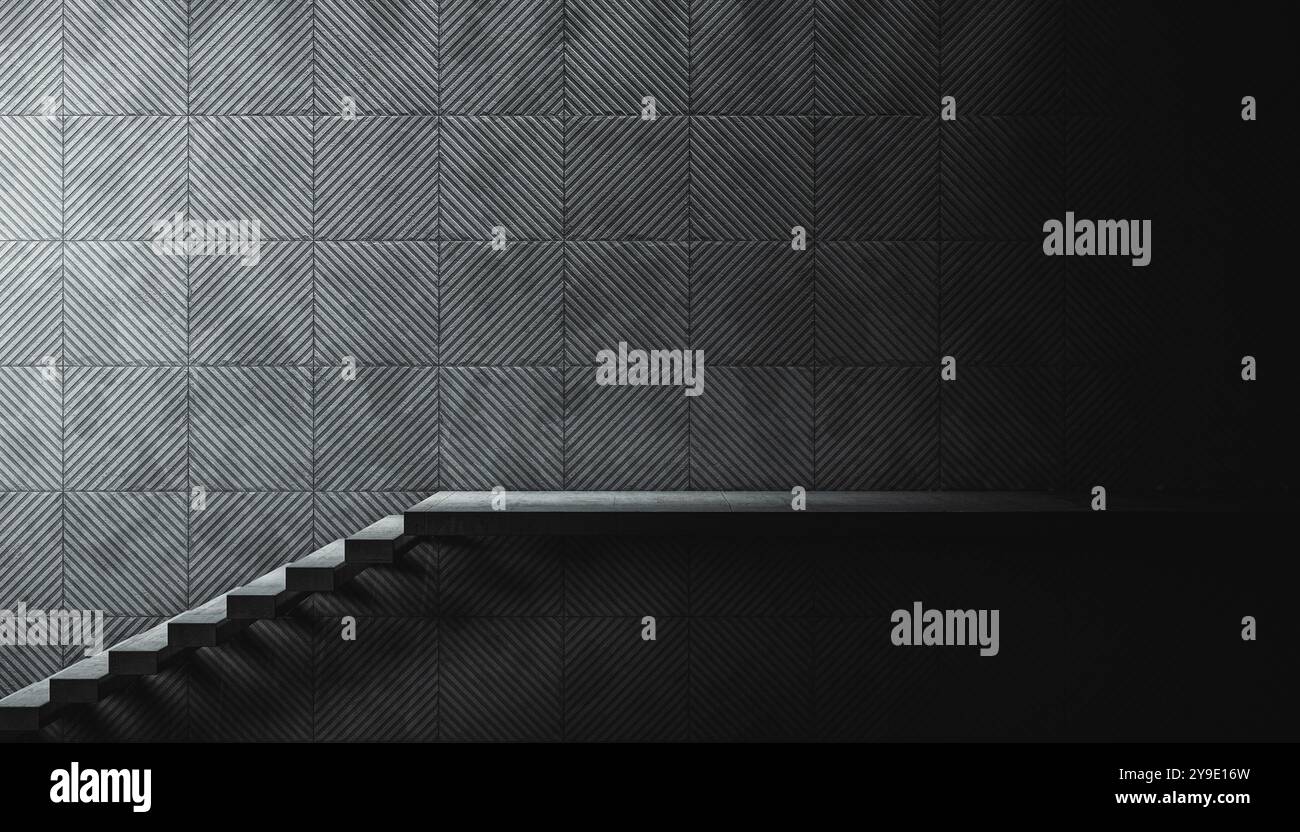 concrete staircase with platform textured wall dark background 3d Stock Photo