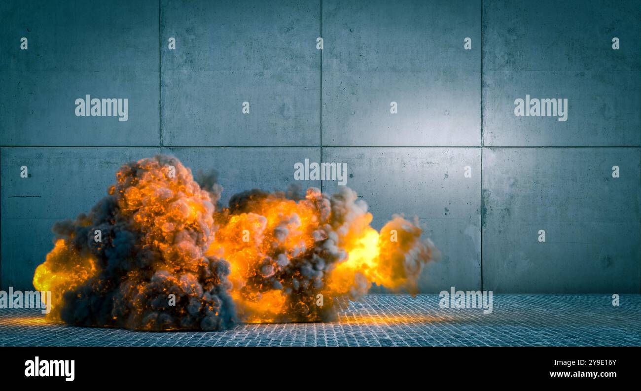 Fireball  exploding near  concrete wall,  large cloud  black smoke 3d Stock Photo