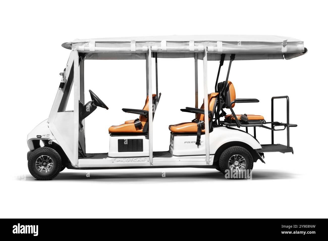 Izmir, Turkey - May 8 2024: A golf cart photographed from the left side on a white background Stock Photo