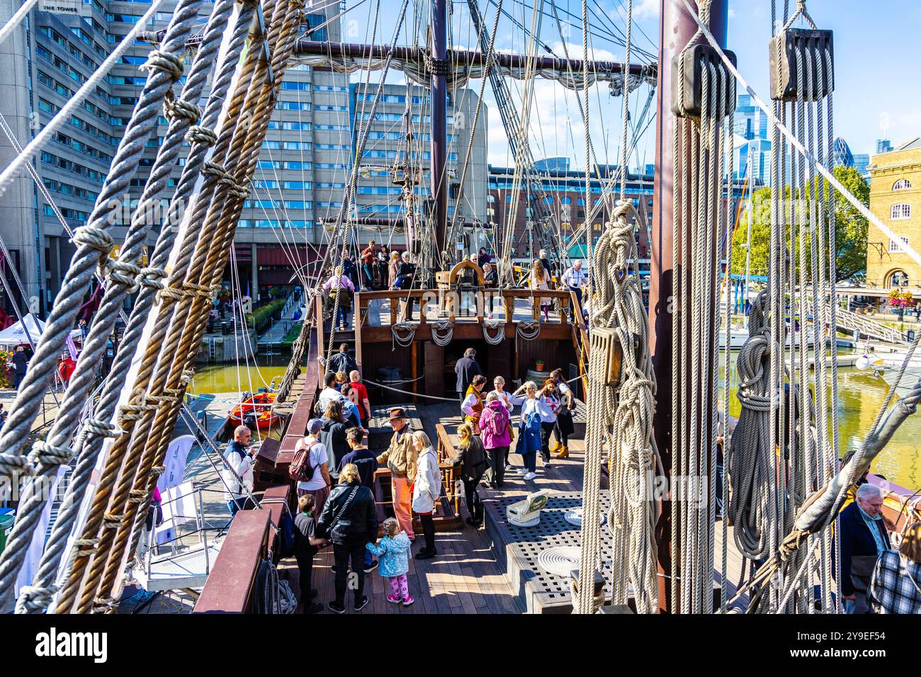 Main deck of El Galeón Andalucía 16th 17th century trade exploration sail ship moored in St Katharine Docks, London, England Stock Photo