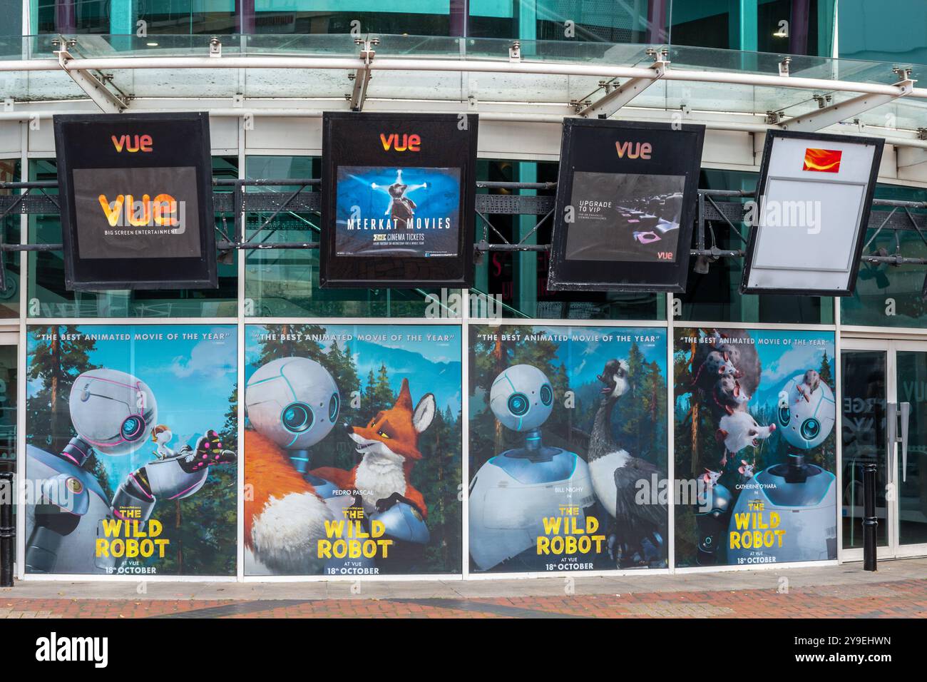Vue cinema with adverts for The Wild Robot from DreamWorks Animation, a cartoon film movie Stock Photo