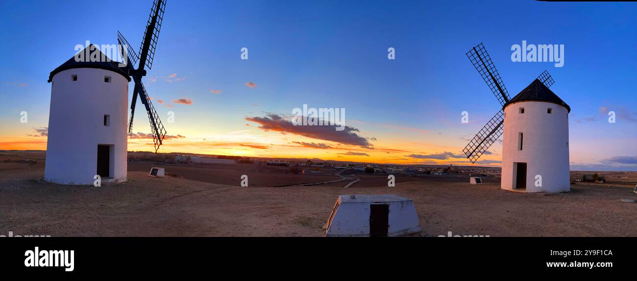 Windmills at sunset, panoramic view. Tembleque, Toledo province, Castilla La Mancha, Spain. - Smartphone Captured Stock Image