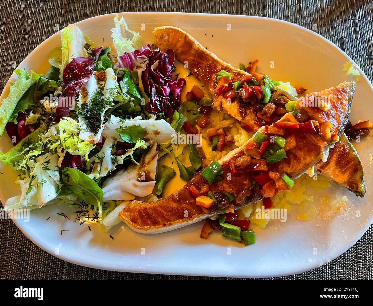 Grilled salmon loin with salad. Stock Photo