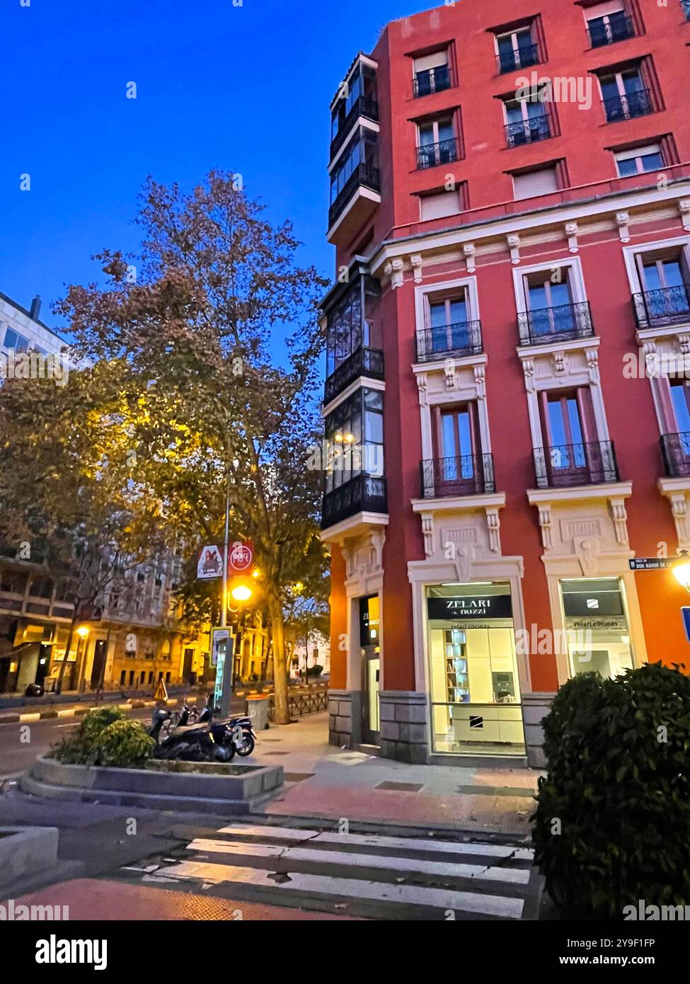 Facade of house, night view. Don Ramon de la Cruz street, Madrid, Spain. - Smartphone Captured Stock Image