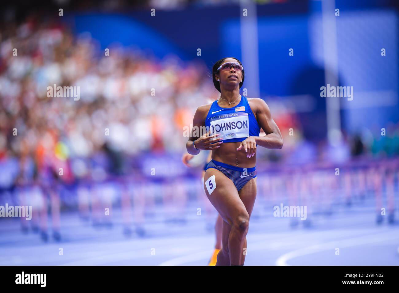 Alaysha Alaysha Johnson participating in the 100 meters hurdles at the Paris ...
