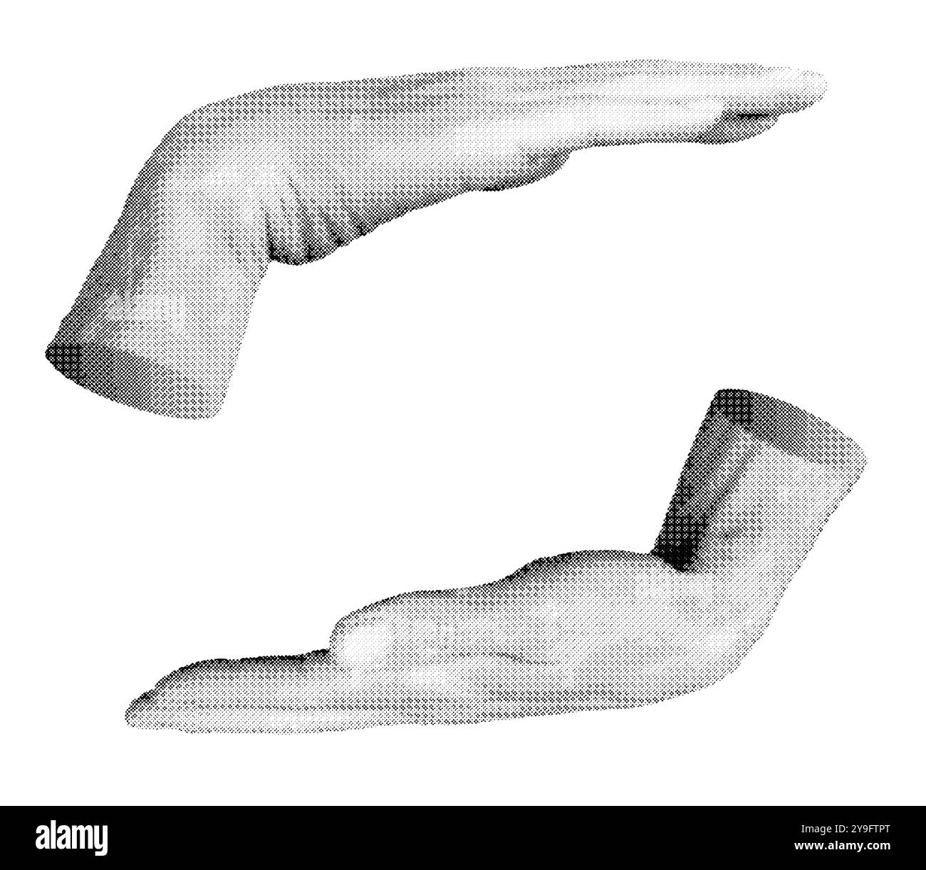 Hands, open flat palms set, holding something, space. Halftone style vector isolated on white background. Stock Vector