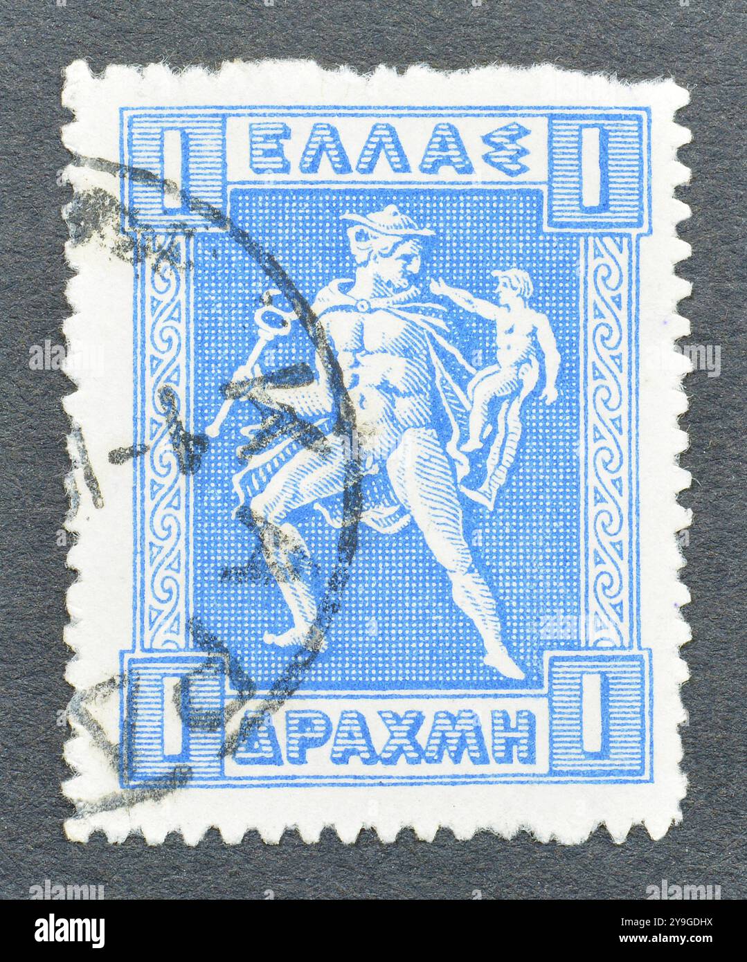 Cancelled postage stamp printed by Greece, that shows Hermes holding ...