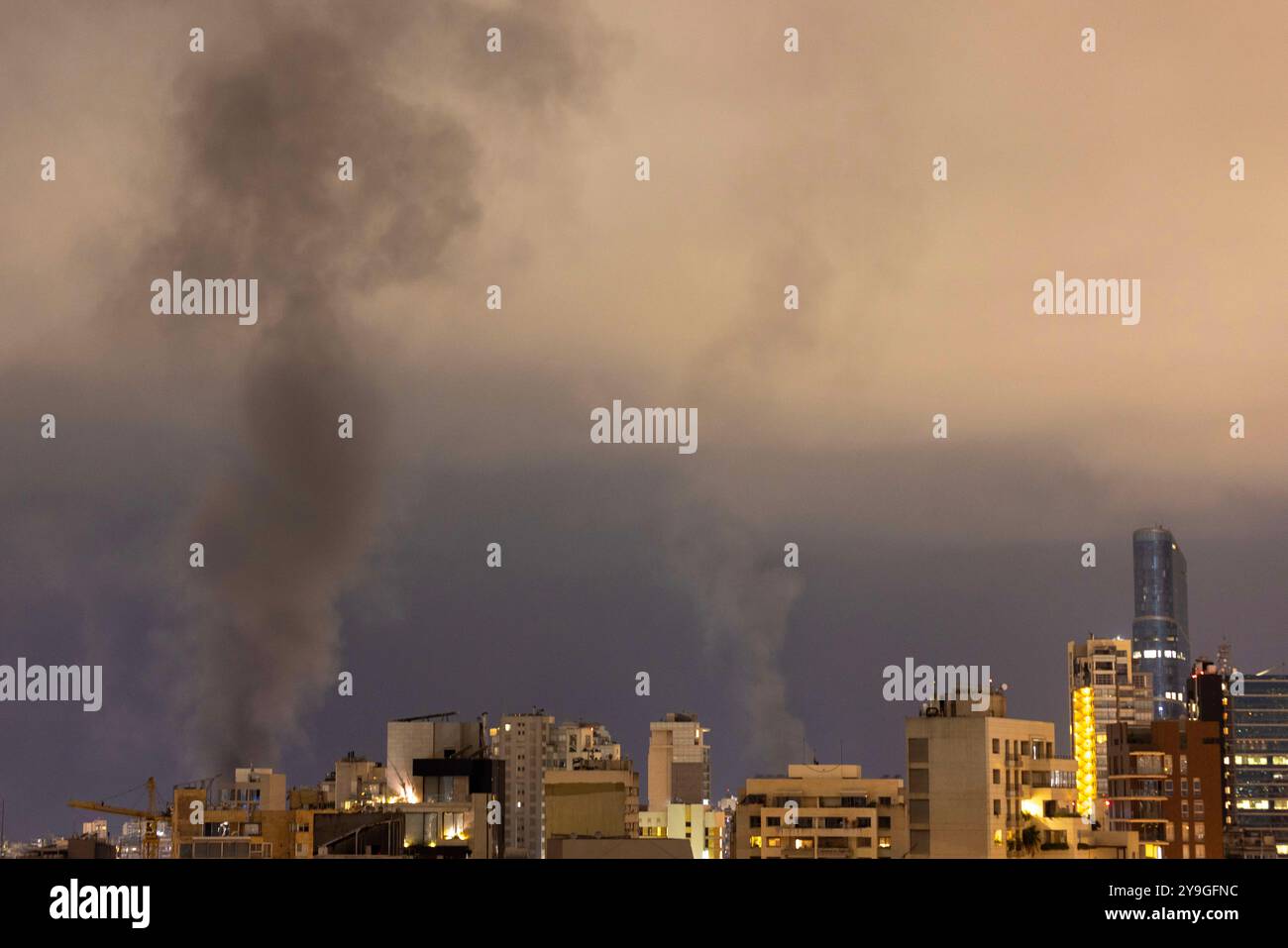 Beirut, Lebanon. 10th Oct, 2024. Smoke rises after Israeli strikes at two central Beirut neighborhoods on October 10, 2024 in Beirut, Lebanon. Local media outlet Al-Manar reports 'many dead and wounded, ' while other local outlets are reporting several dead and wounded. Israeli forces continue to bomb Lebanon daily. (Credit Image: © Daniel Carde/ZUMA Press Wire) EDITORIAL USAGE ONLY! Not for Commercial USAGE! Stock Photo