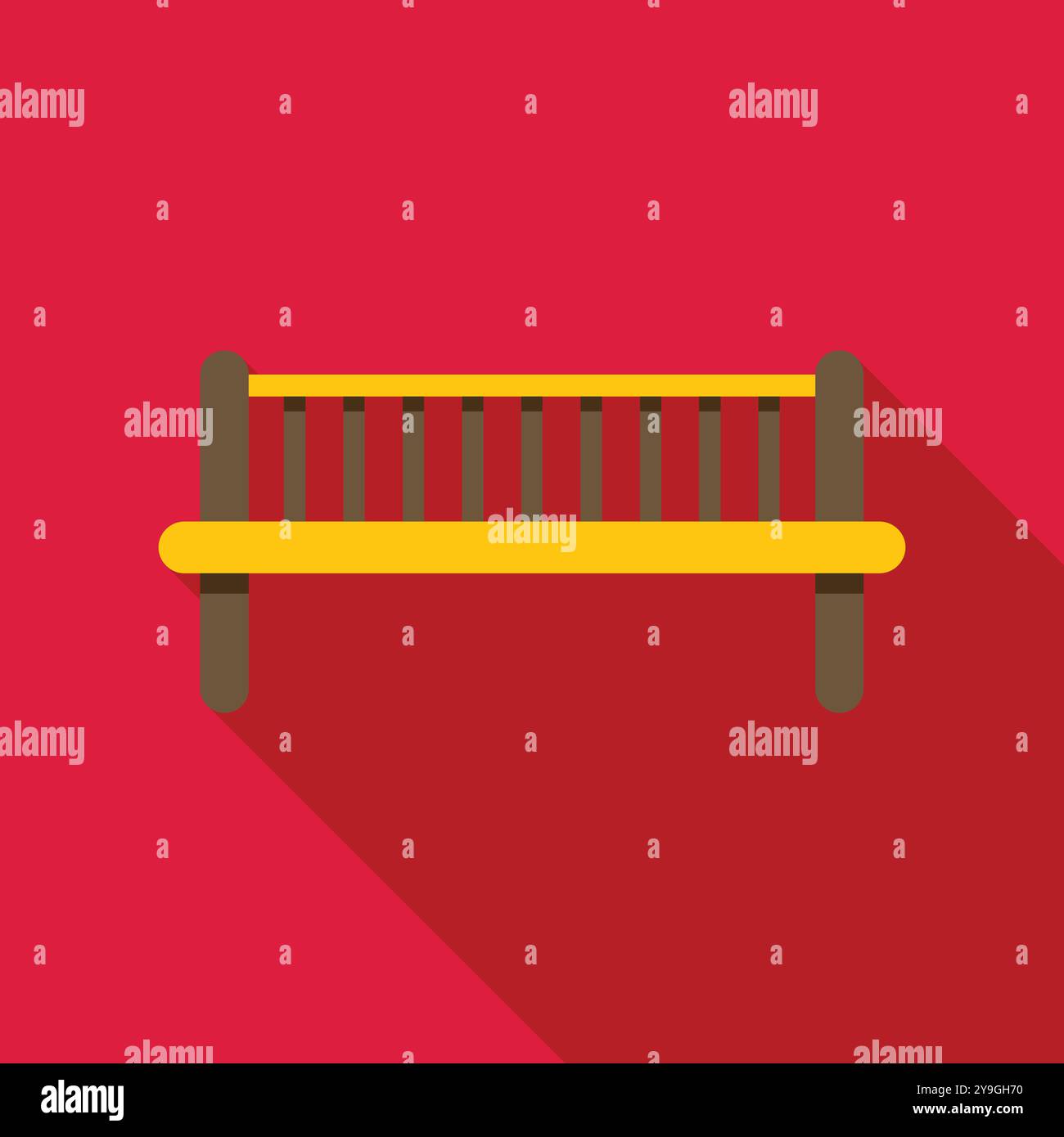 Yellow bench with wooden backrest casting long shadow on red background, in flat design style Stock Vector