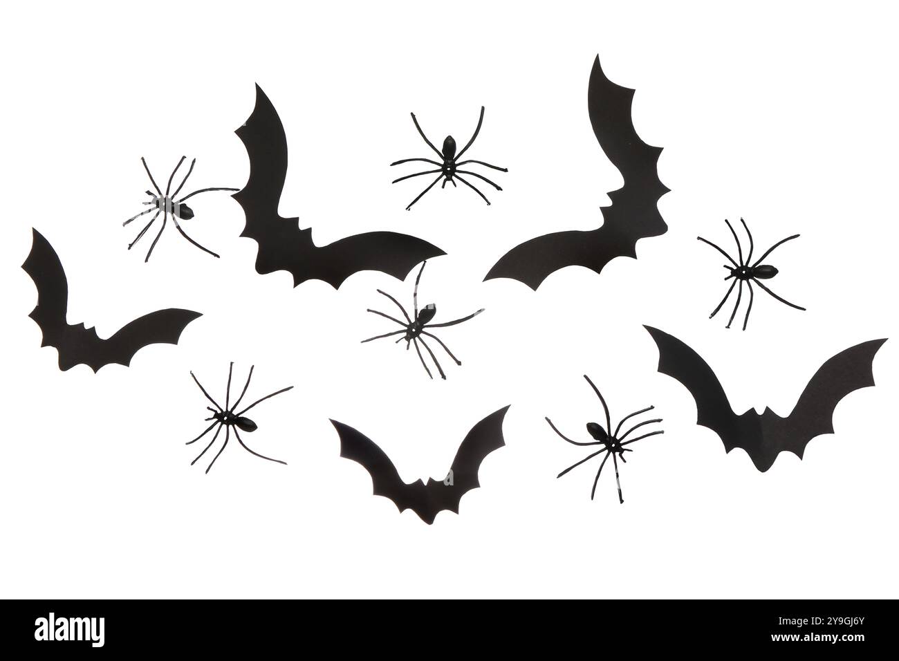 Paper bats and spiders for Halloween party on white background Stock ...