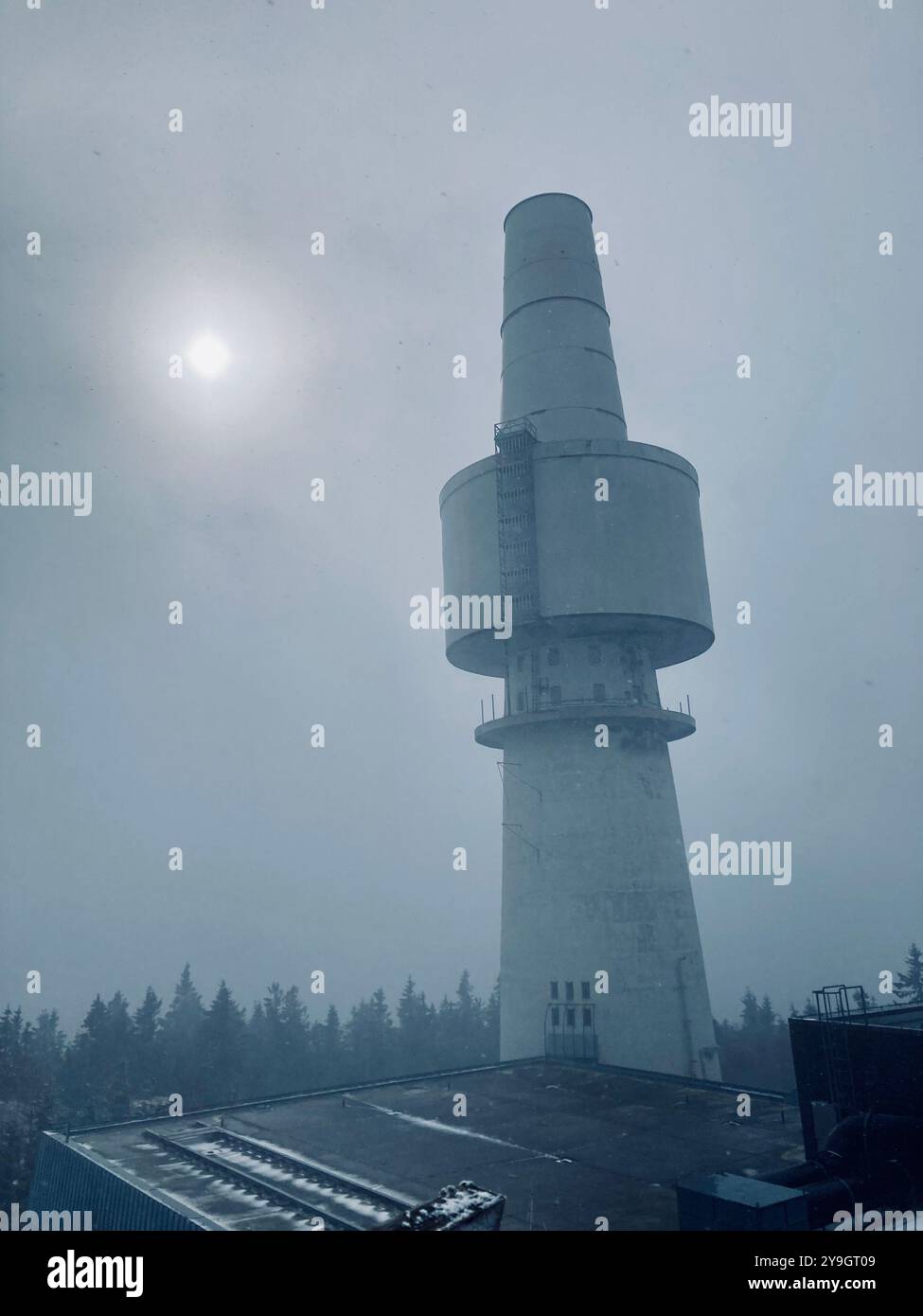 The former telecommunication tower on the Schneeberg Franconia, Bavaria, Germany, built in 1963 as a prototype for the Luftwaffe - Smartphone Captured Stock Image