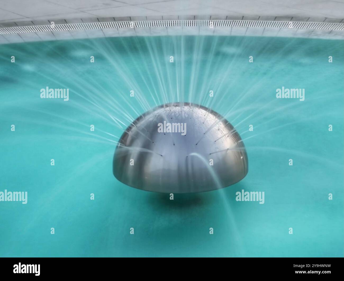 Fountain in hotel swimming pool. Long exposure leading to blurred water, Srebreno near Dubrovnik, Croatia - Smartphone Captured Stock Image